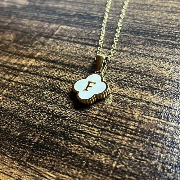 14K Gold Plated Stainless Steel Initial Necklaces “F” Four Leaf Clover Necklace - Picture 4 of 11